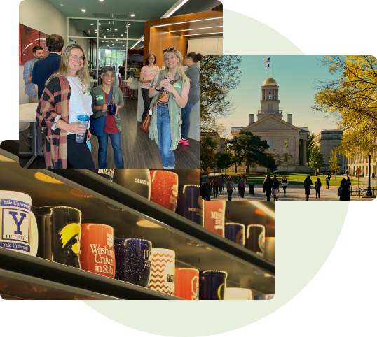 CStaff in office with Iowa City Capitol Building and Shelf of Cups in Collage